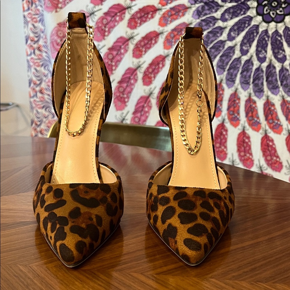 Leopard Print Women's Heels with Gold Chain Strap